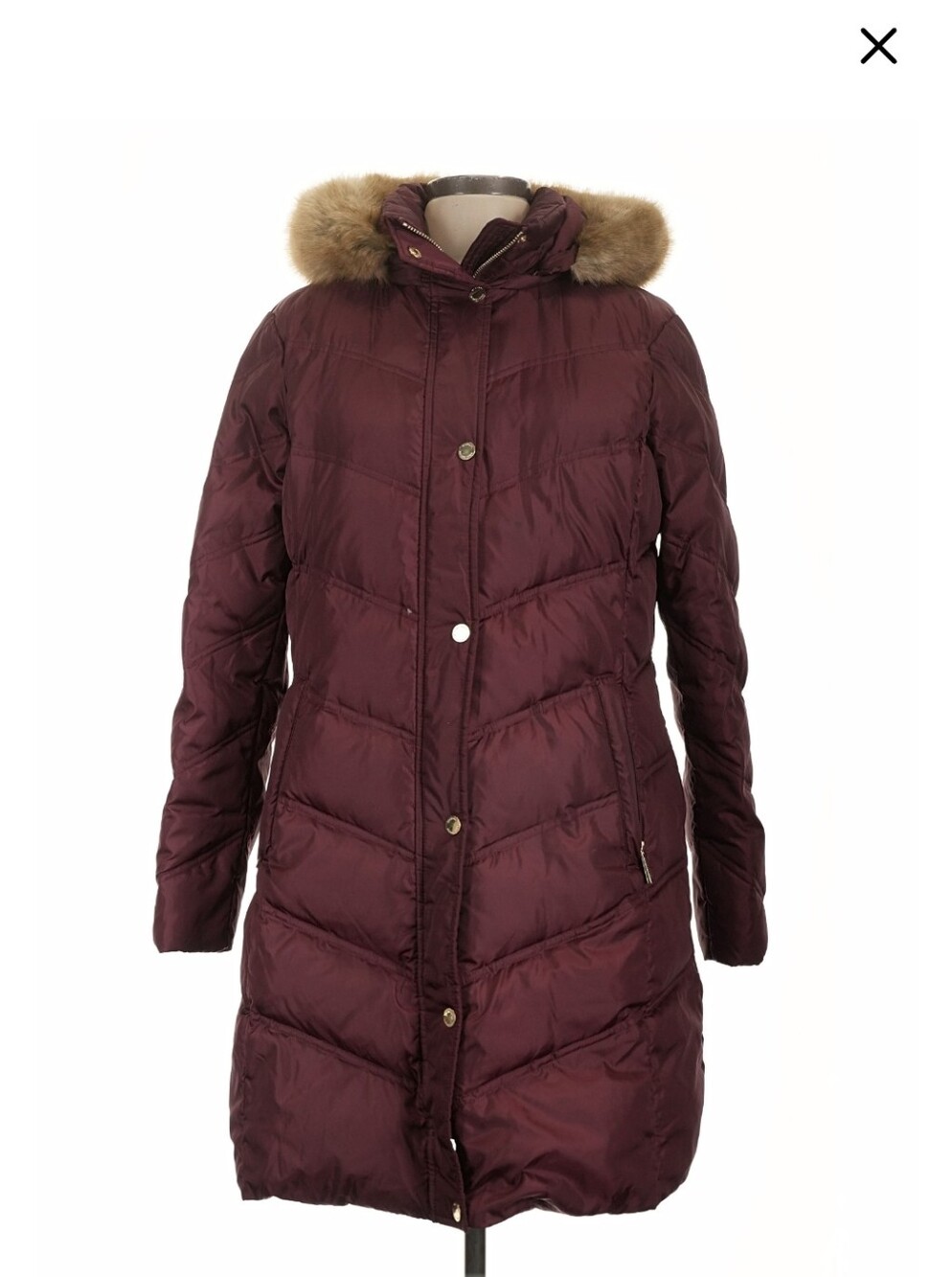 MICHAEL Michael Kors Maroon Quilted Long Puffer with Fur-Trim Hood